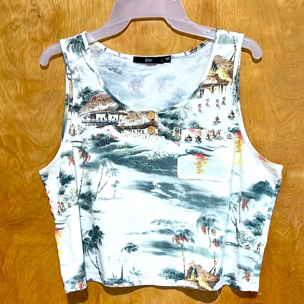Sportsgirl White Gray Graphic Crop Tank Top (Sz.L)
